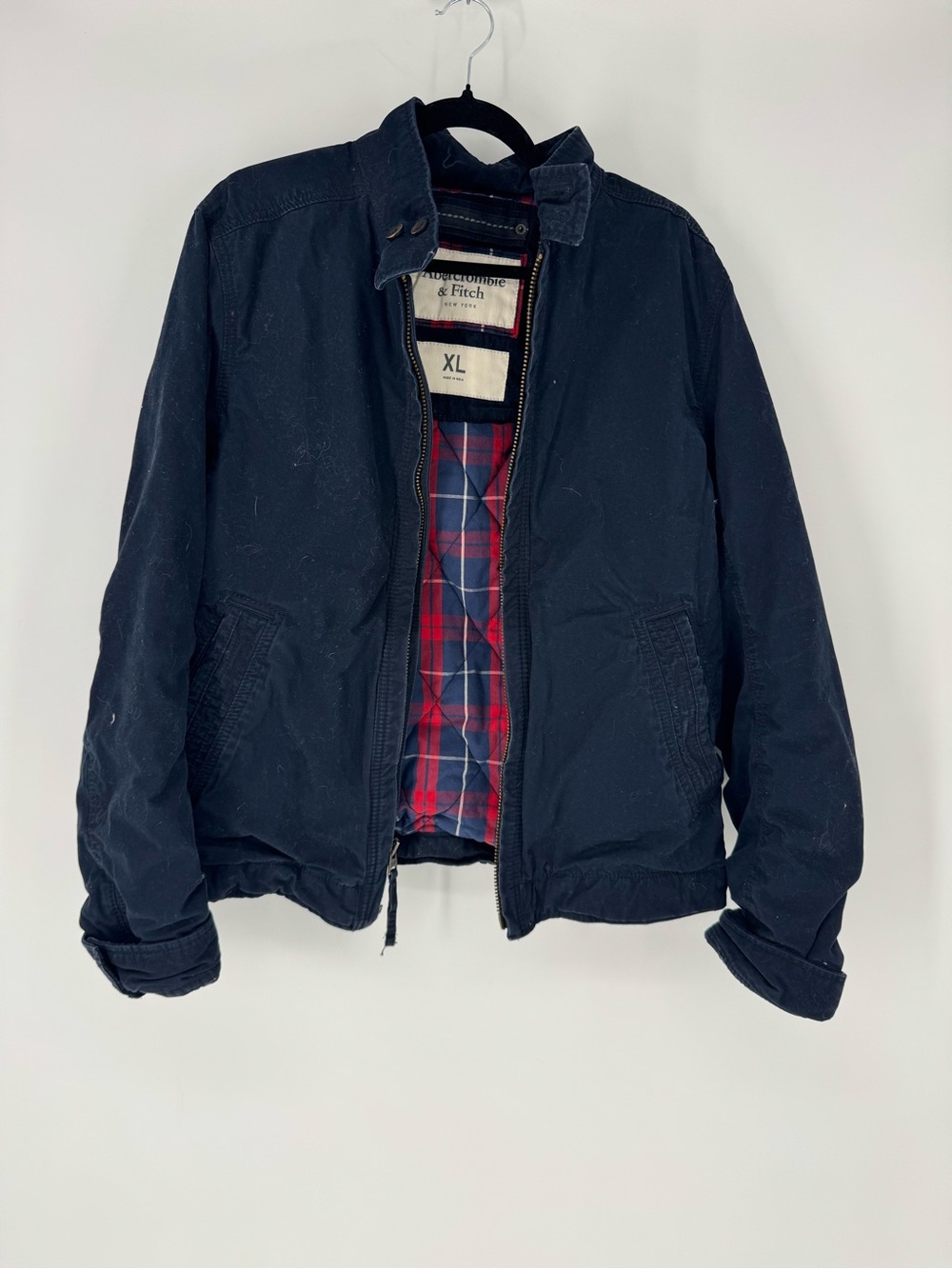 Abercrombie & Fitch vintage Navy Bomber Jacket with Red Plaid Lining - XL